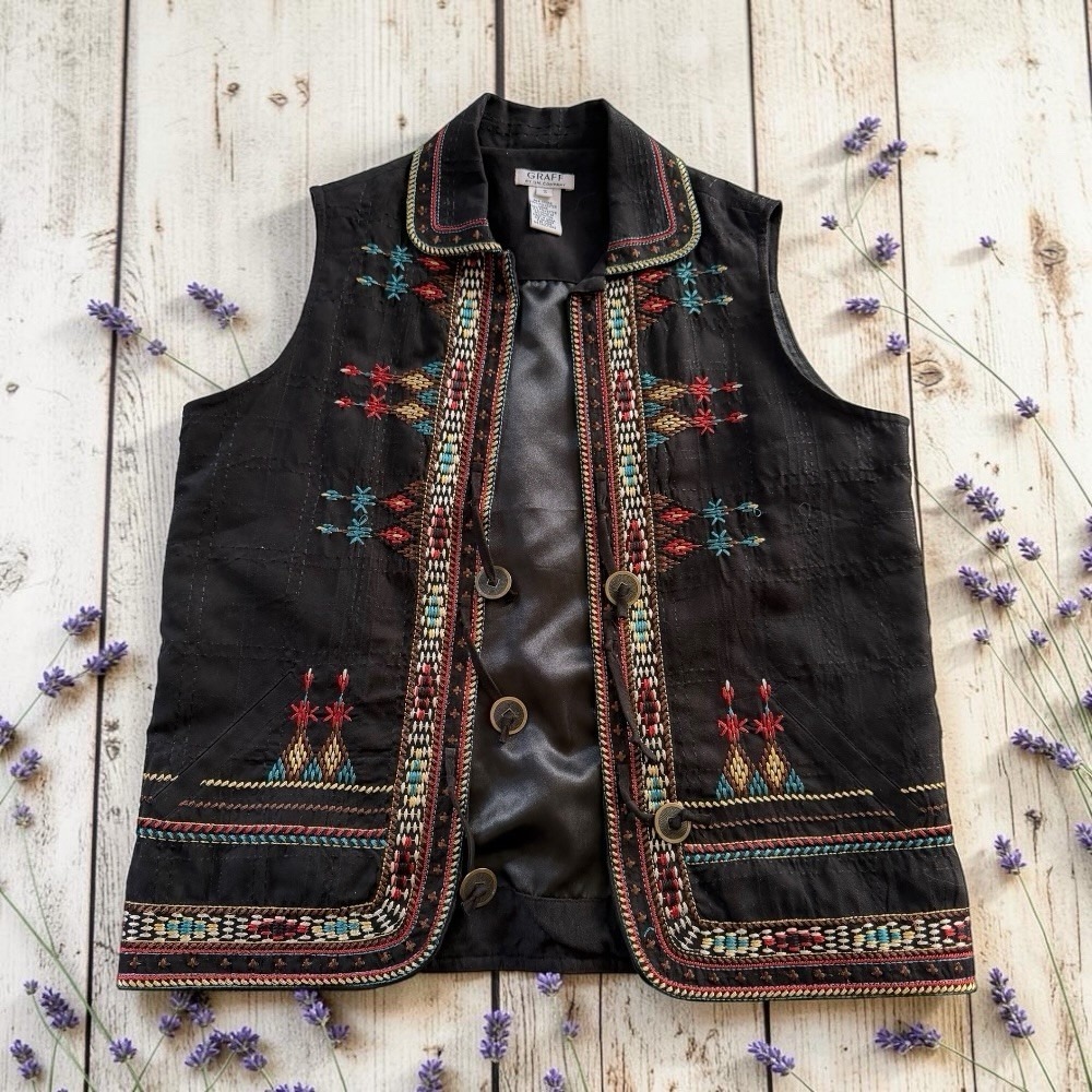 Graff by Um Vintage Black Embroidered Southwestern Vest Womens Small Western